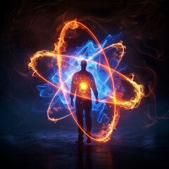 Fototapeta premium Man surrounded by energy that moves like the particles of the atom.