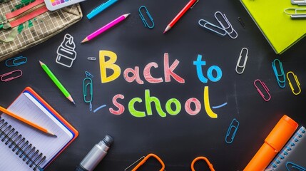 "Back to school" handwritten with school supplies on a black background. Top view. generative ai