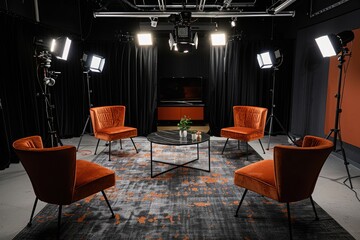 Cozy minimalist studio. Empty studio without people. Studio for podcasts or interviews. Stylish studio. Comfortable armchairs in orange color with lighting and a coffee table