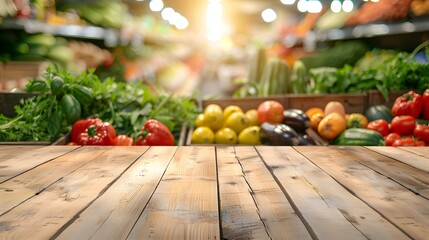 Organic grocery store setting with empty wooden pedestal and colorful fruits and vegetables in background, offering an ideal display space for healthful and vegetarian items