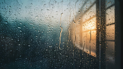 A serene and calming photograph of raindrops gently falling on a windowpane. Generative AI