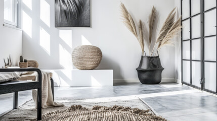 Minimalist living room composition with zen elements in a Scandinavian apartment. Interior design composition with minimal furniture.