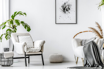 Minimalist living room composition with zen elements in a Scandinavian apartment. Interior design composition with minimal furniture.