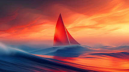 Abstract seascape and sailboat at sunset