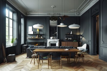 Stylish living room interior of modern apartment and trendy furniture, plants and elegant accessories. Home decor. Template, 3D render, 3D illustration.