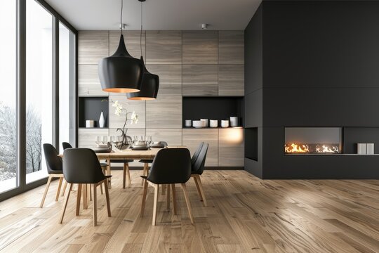 Interior design of a small family dining room, Green chairs, wooden table, panel wall, beautiful light, and picture frame on the wall.