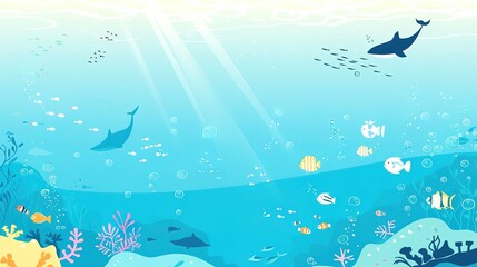 Fish, turtles and whales swim on the bottom of a sea filled with garbage as part of World Ocean Day，AI generated. 