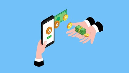 People buy and sell cryptocurrency or bitcoin with US dollar using a mobile phone isometric 3d animation cartoon