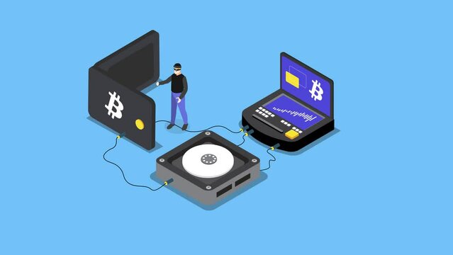 Hacker steals bitcoin from a cold wallet isometric 3d animation cartoon