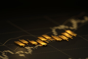 3D rendering golden chart and gold coin on black background, intricately integrated into the scene, signifies financial abundance and successful investments.