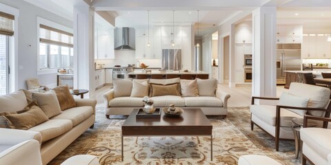 Fototapeta premium Modern Living Room Interior Design, Stylish furniture, plants, bookstand and wooden desk. Abstract painting on the wall. Nice apartment. Modern decor of bright room