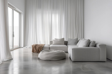 Contemporary minimalist living room with expansive white drapes, a subtle grey sofa, and polished concrete flooring.