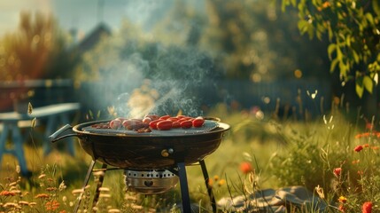 An open-air barbecue grill ready for a festive summer holiday cookout.

