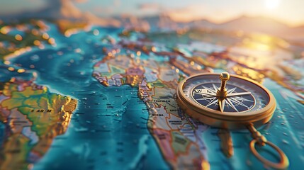 Magnetic compass and location marking with a pin on routes on world map, Adventure, discovery, navigation, communication, logistics, geography, transport and travel theme concept background