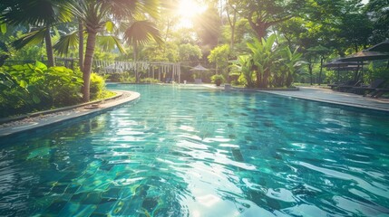 A serene outdoor scene featuring a blue swimming pool encircled by a lush green garden, ideal for summer relaxation.

