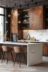 Luxury kitchen with marble countertops and wooden cabinets. Concept: Modern Interior Design.
