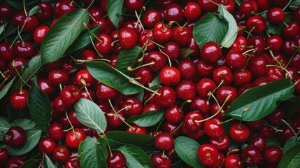 A close-up shot capturing a large collection of ripe cherries with stalks and leaves