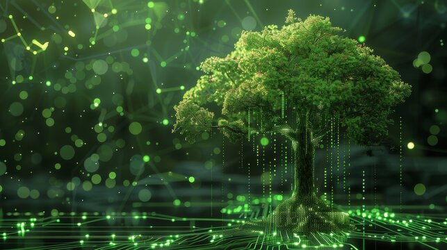 A vibrant digital tree with glowing leaves and network lines on a dark background, symbolizing technology and nature