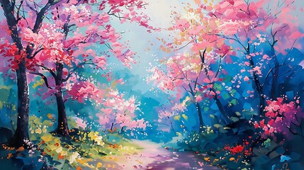  Colorful acrylic painting depicting a lush, blooming forest in spring