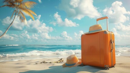 A vibrant scene capturing an orange suitcase with assorted beach gear arranged on sandy shores