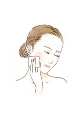 アナログ透明水彩イラスト　女性の横顔のコットンで保湿する美容イメージのイラストレーション