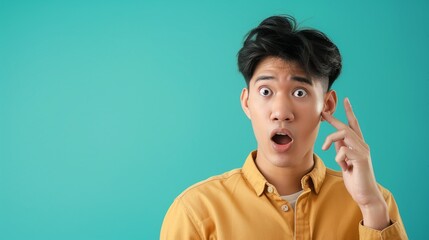 Surprised young Asian man with pointing hand gesture isolated on blue background with copy space.