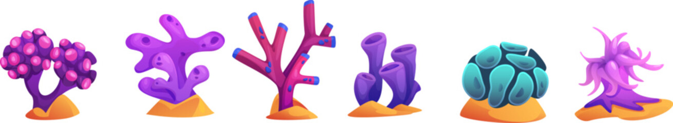 Seaweed and coral cartoon vector illustration set. Sea, ocean or aquarium bright tropical underwater plants and creatures on sand. collection of marine bottom flora and fauna exotic elements.