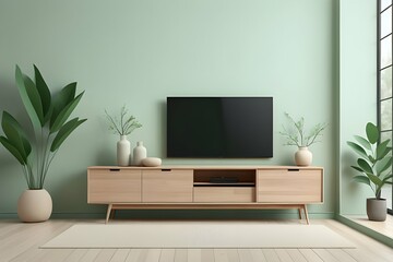 Minimalist living room interior with display tv on Wooden cabinet and floor. green wall. Generative ai