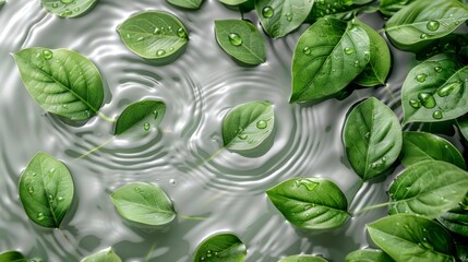 Green leaves floating on the water surface with ripples.