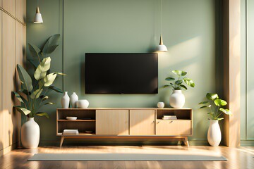 Minimalist living room interior with display tv on Wooden cabinet and floor. green wall. Generative ai