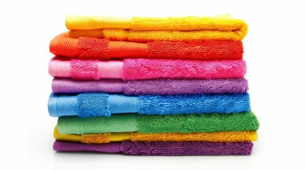 A neatly stacked pile of vibrant, multicolored towels isolated on a white background