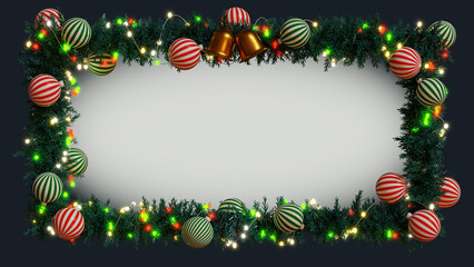 christmas wreath colorful light blub pine tree branches ornament frame background 3D rendering
