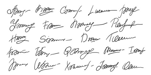 Set of different fake autographs and signatures, mimicking authenticity for certificates, letters or documents, featuring handcrafted doodles and scribbles, vector illustration