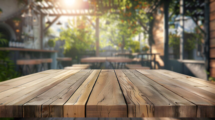 This stock image showcases an outdoor wooden table in a garden caf&eacute;, beautifully illuminated by dappled sunlight filtering through lush trees, creating a perfect spot for relaxation or casual dining.