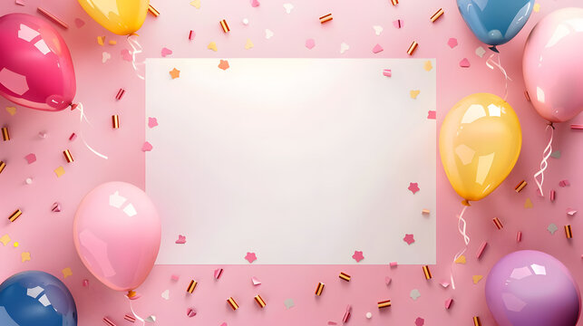 Vibrant stock image featuring a blank invitation card, colorful balloons, and confetti on a pink background, ideal for festive announcements and celebrations