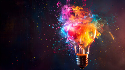 Captivating image of an exploding light bulb with colorful splashes, perfect for corporate presentations to symbolize innovative thinking and the spark of new ideas