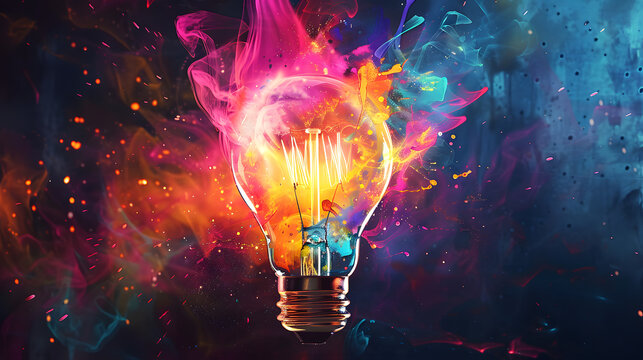 Dynamic image of an exploding light bulb with colorful splashes, perfect for corporate presentations to symbolize innovation, the spark of ideas, and creative business solutions.