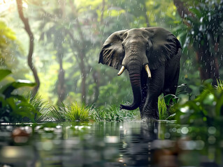 Fototapeta premium Elegant Elephant, Lush Green Jungle, Symbol of Wisdom and Strength, Standing Proudly, Rainy Day, 3D Render, Golden Hour, Depth of Field Bokeh Effect