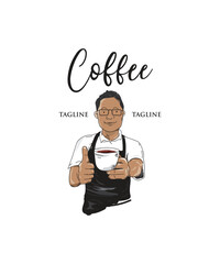Barista thumbs up with cup of coffee illustration