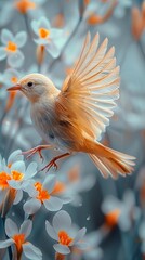 Obraz premium Floral Bird, A delicate bird spreading its wings among vibrant orange flowers., banner, mobile wallpaper