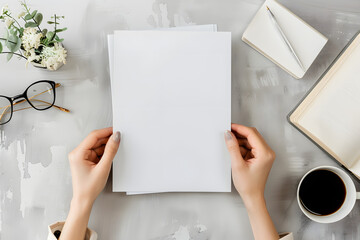 Overhead shot of hands holding a blank sheet of paper on a stylishly organized desk, complete with a notebook, plant, and a cup of coffee. mockup for showcasing their graphics or text.