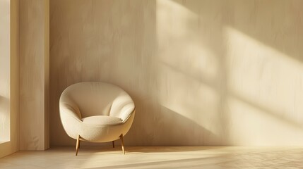 A modern minimalist interior featuring a solitary armchair against an empty cream-colored wall background, exuding simplicity and elegance in a 3D rendering.