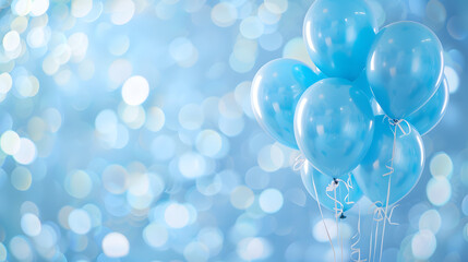 A serene cluster of soft blue balloons floats gently against a shimmering bokeh background, creating a dreamy, celebratory atmosphere perfect for special occasions copy space