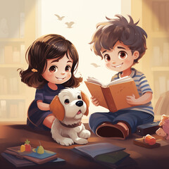 children reading a book