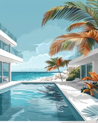 Fototapeta premium A beautiful summer day at the beach house. The sun is shining, the waves are crashing, and the palm trees are swaying in the breeze. The perfect day to relax and enjoy the view.