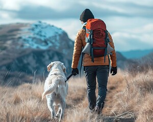 A blind dog hiking with its owner, enjoying nature despite its disability