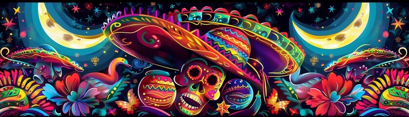 Maracas, Colorful sombrero, Festive musical instruments, Joyful dancing at the Mexican Day of the Dead fiesta, Moonlit night, Realistic, Backlights