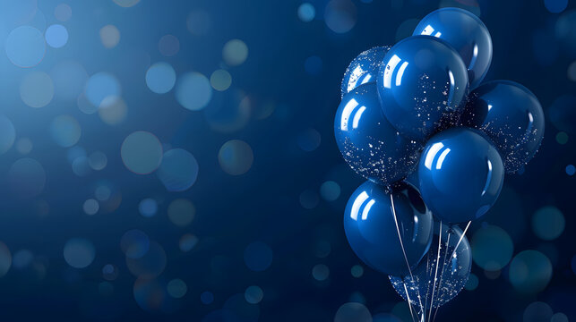 A lively array of rich blue balloons with a shiny finish, set against a deep blue background sprinkled with golden specks, perfect for grand celebrations and events