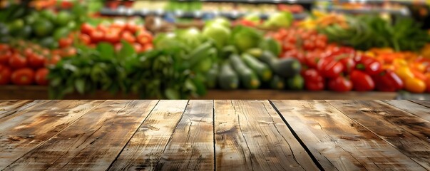 Organic market store ambiance featuring empty wooden pedestal amidst blurred backdrop of assorted vegetables and fruits, providing a platform for healthy and vegetarian product promotion