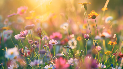 A breathtaking view of a wildflower field illuminated by the warm, golden light of the setting sun, highlighting the vivid colors and delicate details of each bloom.